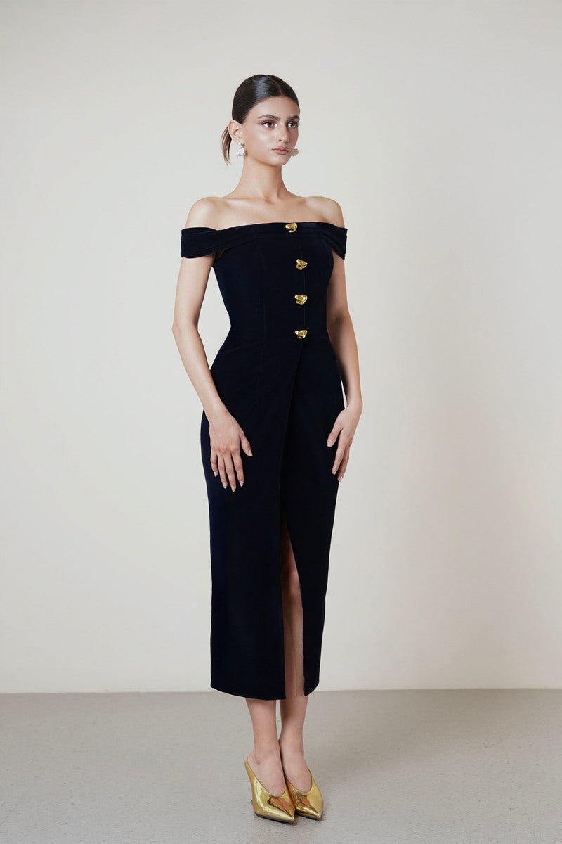 OFF-SHOULDER BUTTON DRESS IN BLACK - CULT MIA