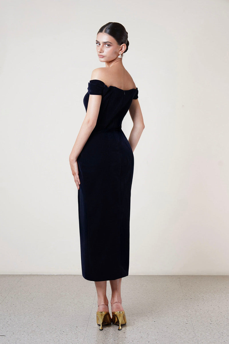 OFF-SHOULDER BUTTON DRESS IN BLACK - CULT MIA