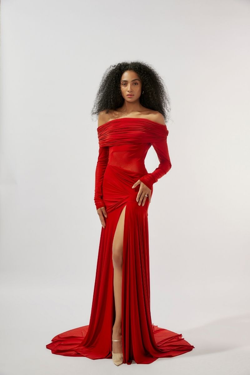 CARLA MAROON DRAPED GOWN - CULT MIA