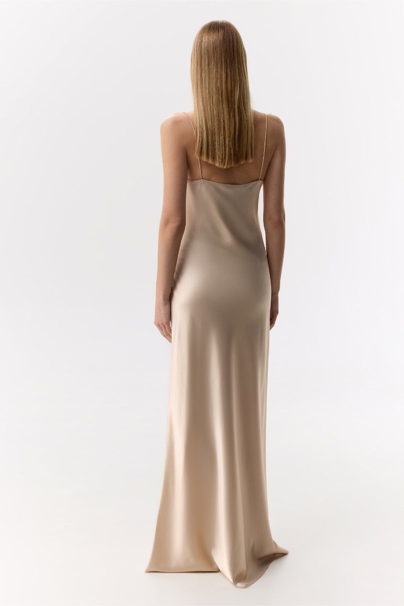 CAROLYN PEARL-BEIGE SCOOP-NECK SILK SATIN MAXI DRESS - CULT MIA