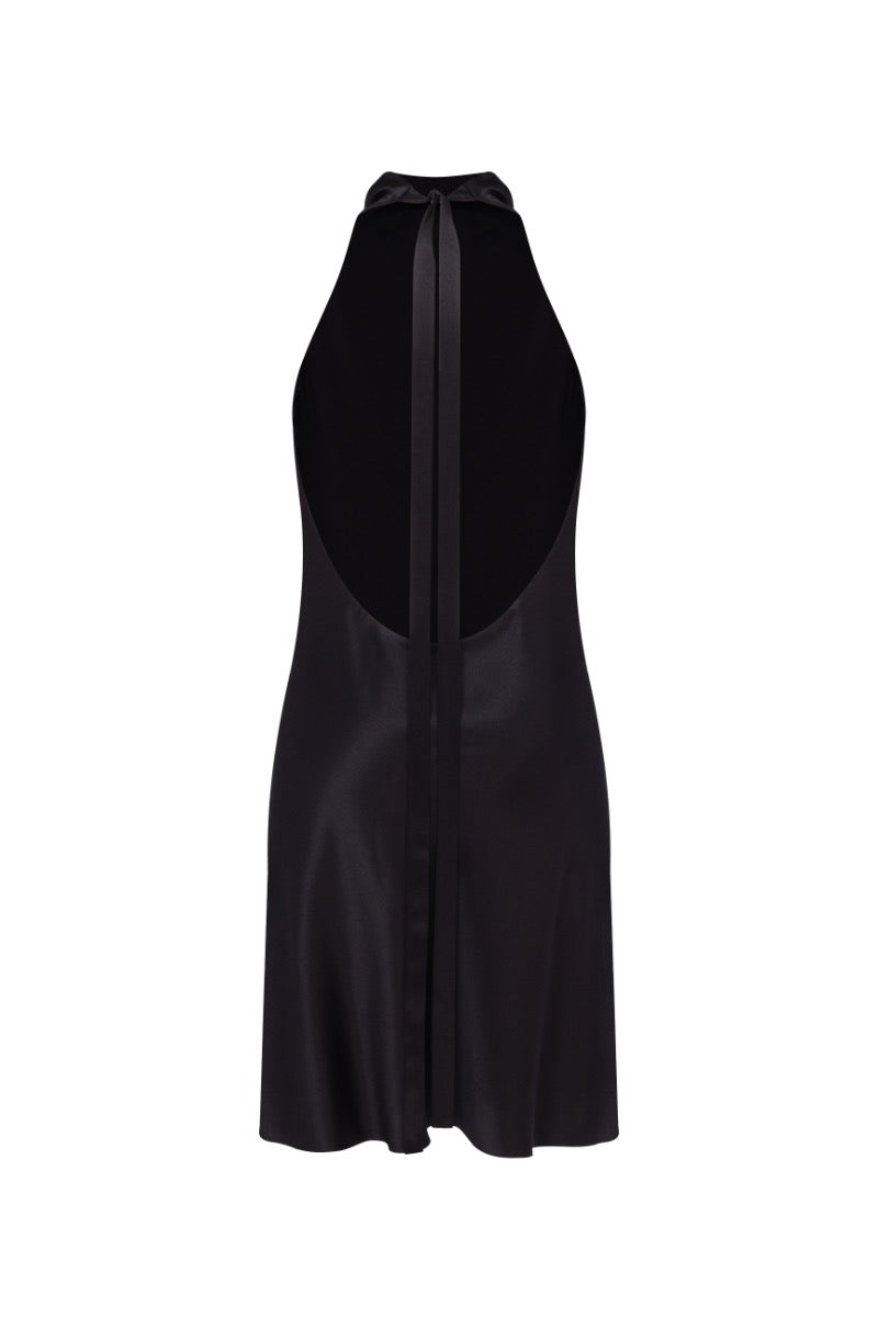 CEA BLACK SILK-SATIN BACKLESS HALTER-NECK MINI DRESS - CULT MIA