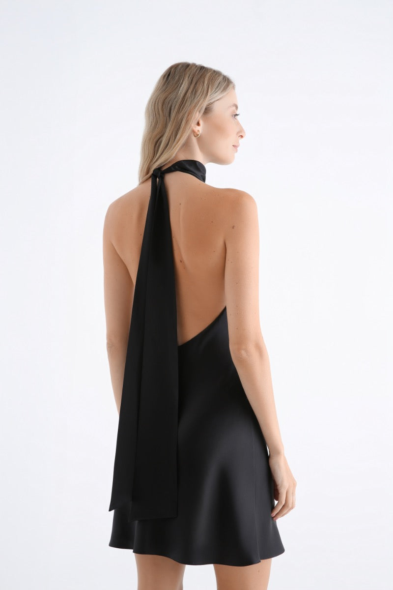 CEA BLACK SILK-SATIN BACKLESS HALTER-NECK MINI DRESS - CULT MIA