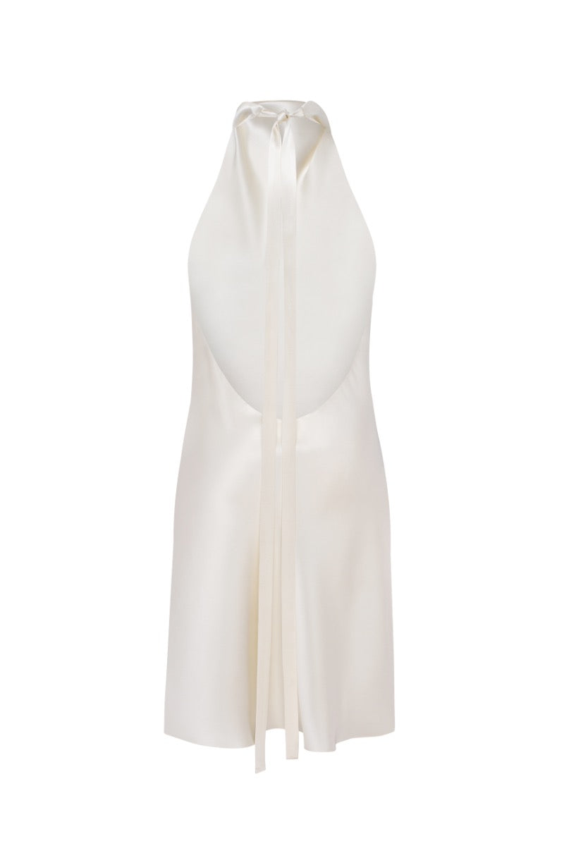 CEA BUTTER-CREAM SILK-SATIN BACKLESS HALTER-NECK MINI DRESS - CULT MIA