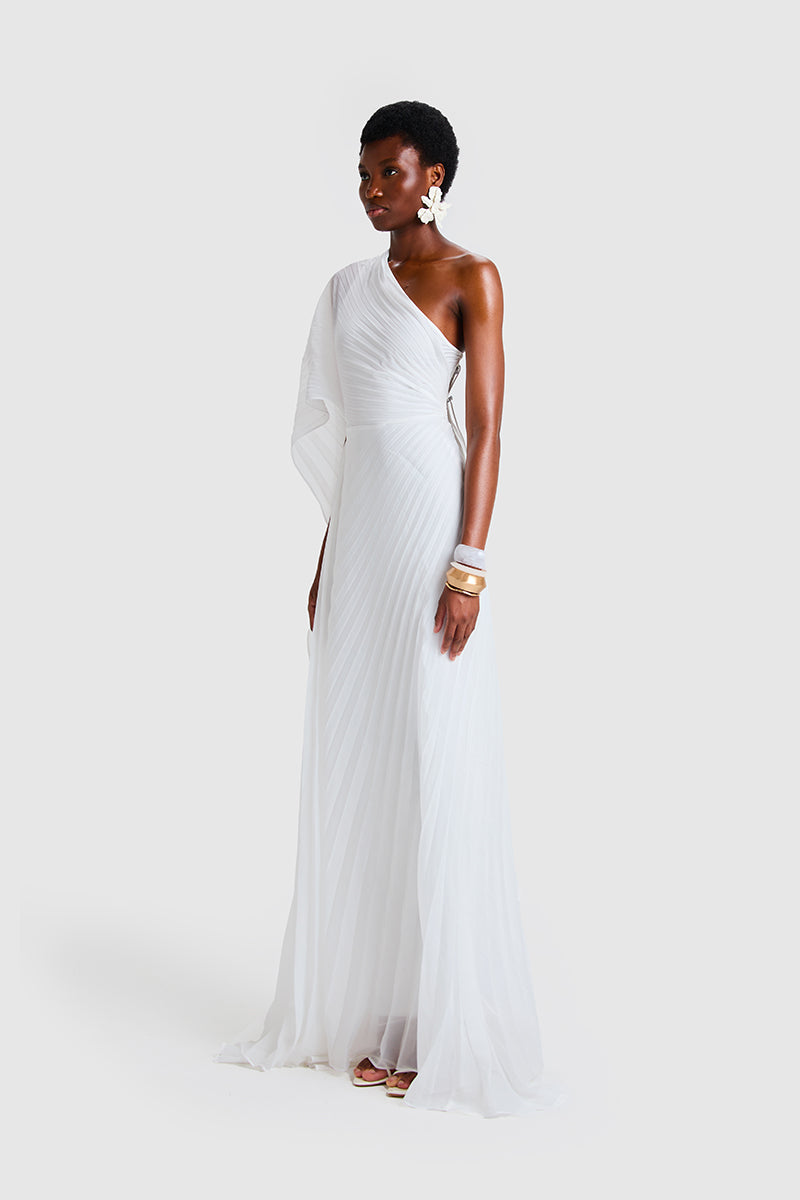 CHIFFON PLEATED ASYMMETRIC MAXI IN WHITE - CULT MIA