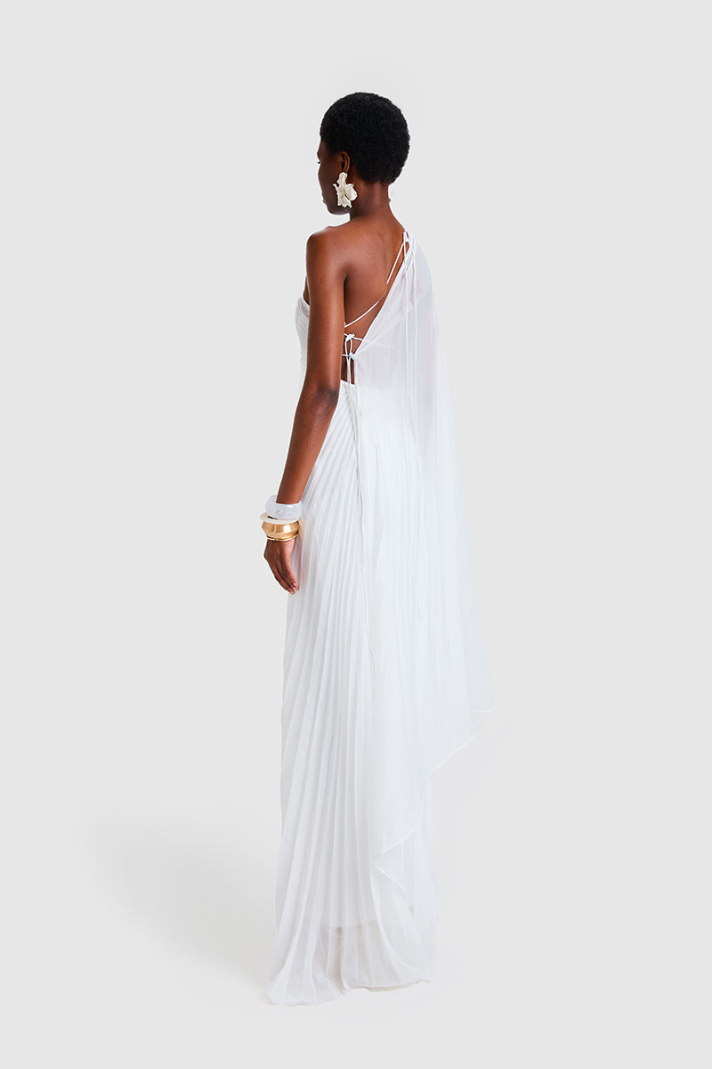 CHIFFON PLEATED ASYMMETRIC MAXI IN WHITE - CULT MIA