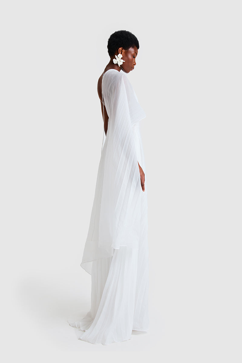 CHIFFON PLEATED ASYMMETRIC MAXI IN WHITE - CULT MIA
