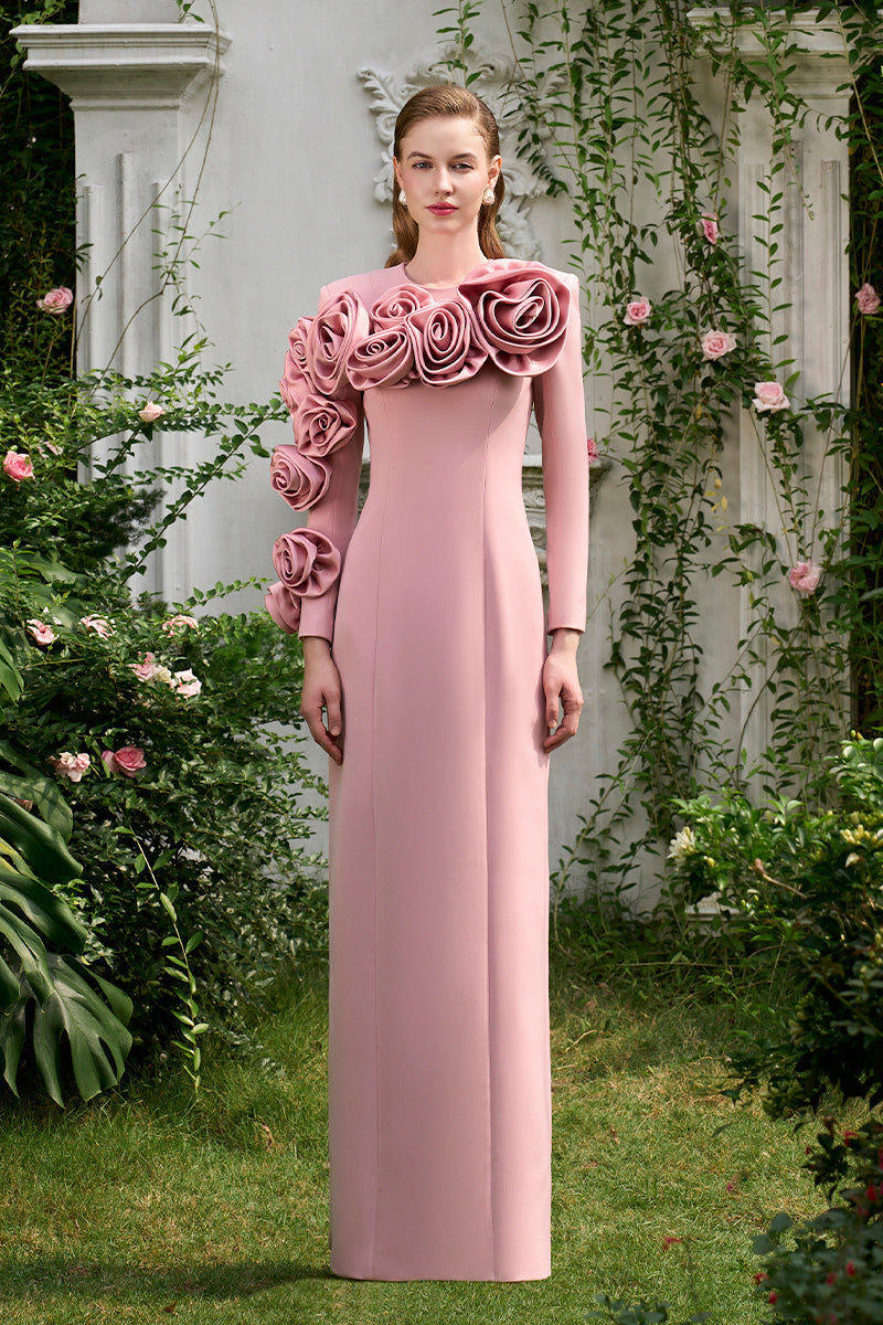 COLUMN GOWN WITH LONG SLEEVES AND ATTACHED DRAPED ROSE - CULT MIA