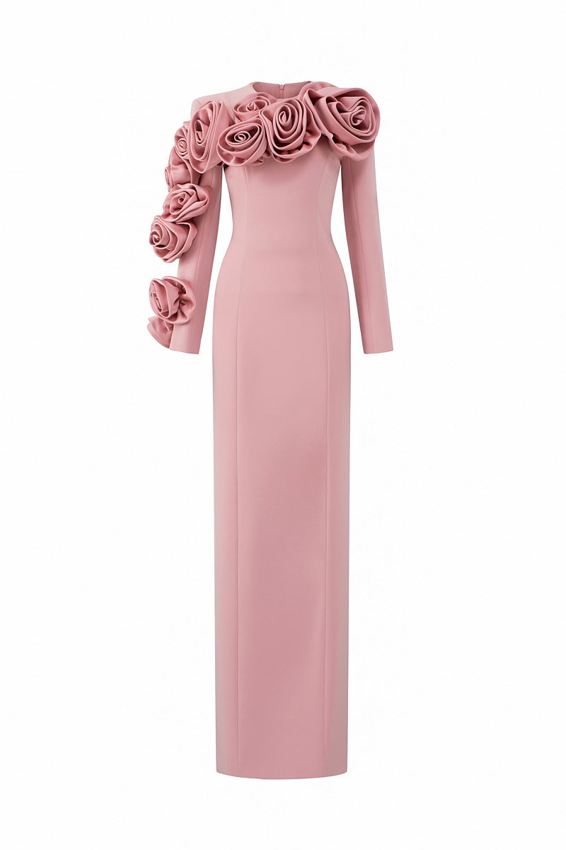 COLUMN GOWN WITH LONG SLEEVES AND ATTACHED DRAPED ROSE - CULT MIA