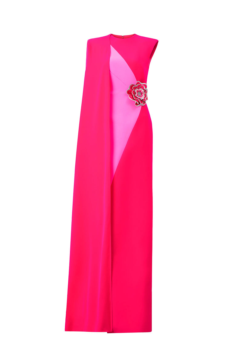 FUCHSIA COLUMN GOWN WITH ATTACHED ONE SHOULDER LONG CAPE - CULT MIA