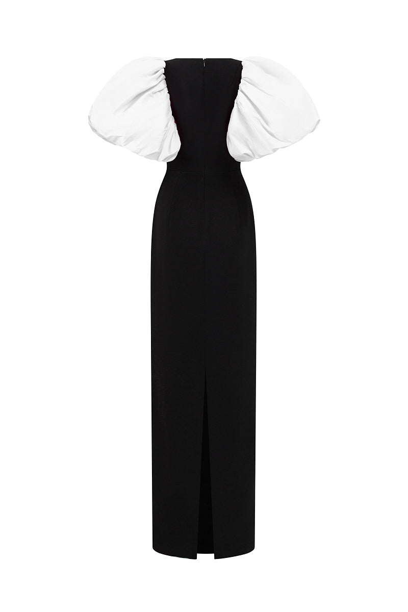 COLUMN EVENING GOWN WITH TRAPEZE NECKLINE AND DRAPED SHORT SLEEVES - CULT MIA