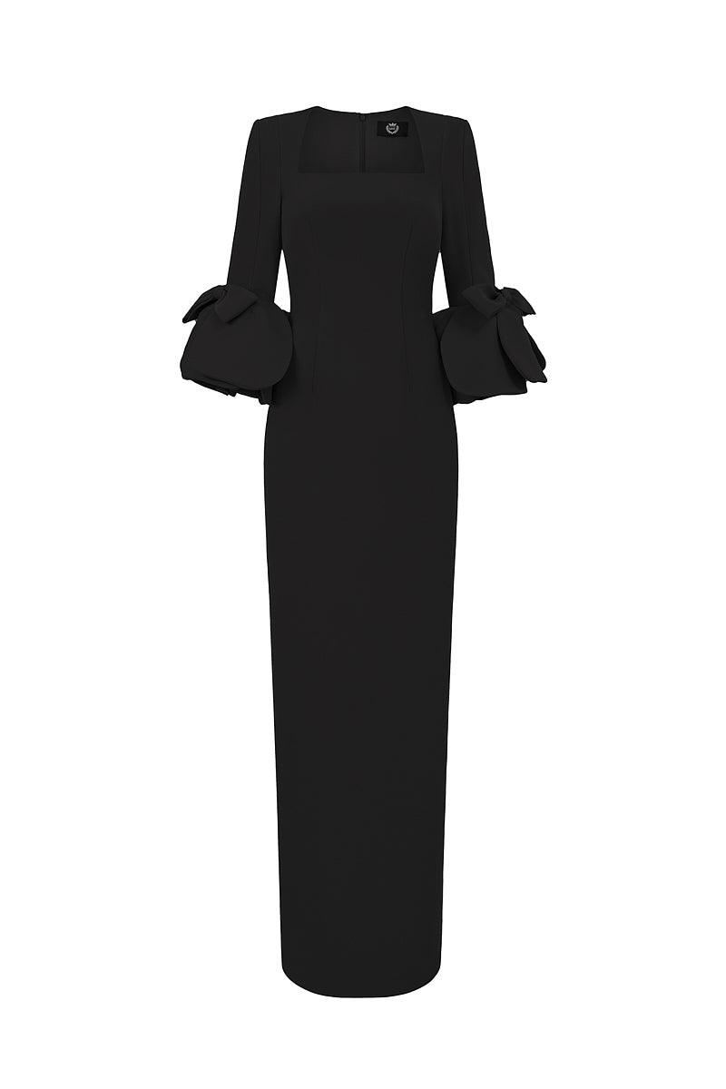 BLACK COLUMN GOWN WITH TRAPEZE NECKLINE AND ROSE DRAPED THREE-QUARTER SLEEVES | CULT MIA | I.H.F BLACK COLUMN GOWN WITH TRAPEZE NECKLINE AND ROSE DRAPED THREE-QUARTER SLEEVES | CULT MIA | I.H.F