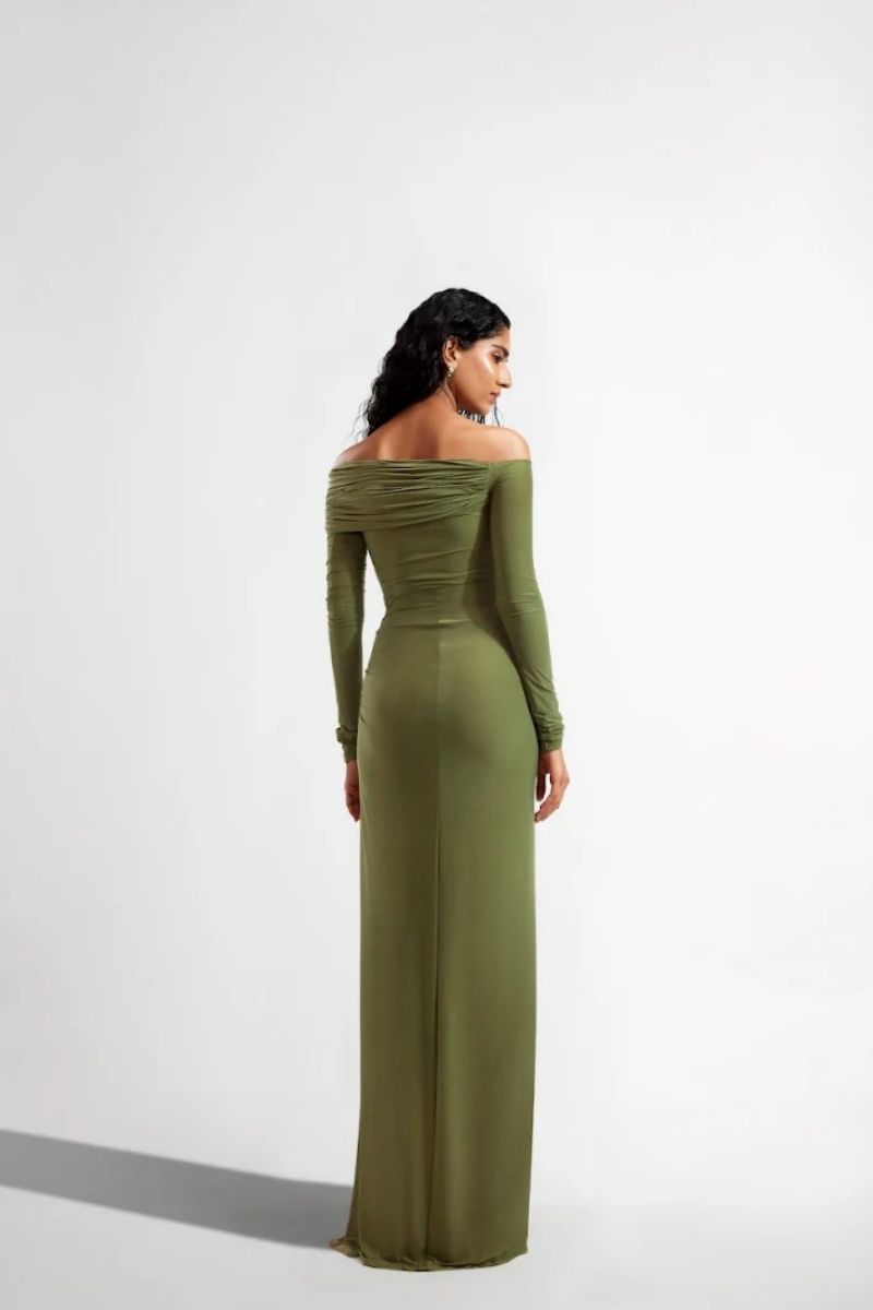 CONNIE OLIVE OFF-THE-SHOULDER DRAPED MAXI DRESS - CULT MIA