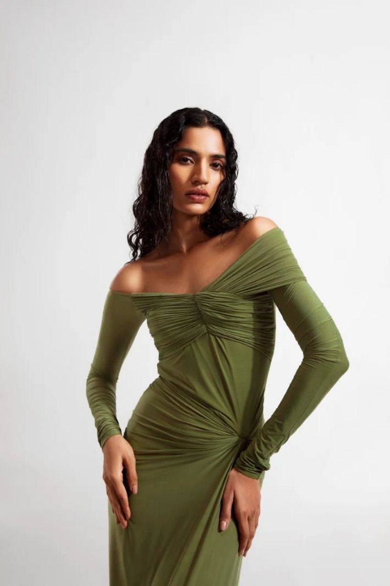 CONNIE OLIVE OFF-THE-SHOULDER DRAPED MAXI DRESS - CULT MIA