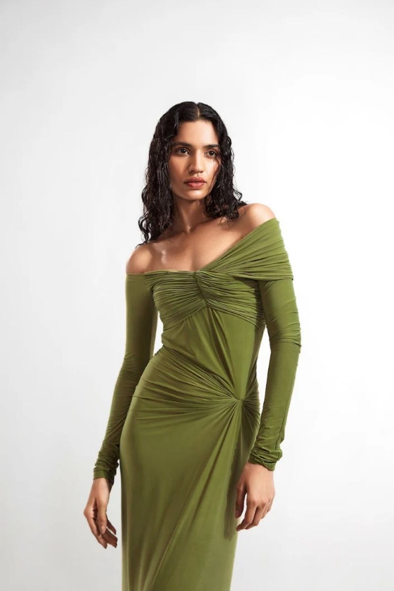 CONNIE OLIVE OFF-THE-SHOULDER DRAPED MAXI DRESS - CULT MIA
