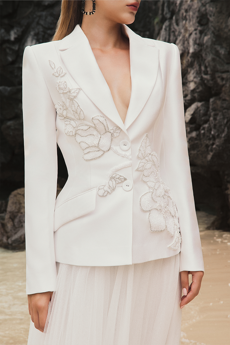 NOTCHED LAPEL FLORAL EMBELLISHED BLAZER AND A-LINE SKIRT - CULT MIA