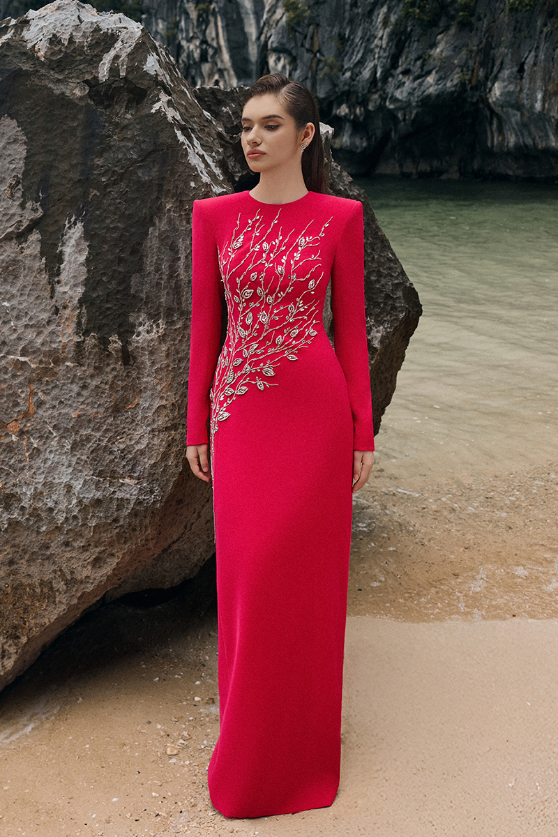 PADDED SHOULDER CRYSTAL EMBELLISHED STRAIGHT DRESS - CULT MIA