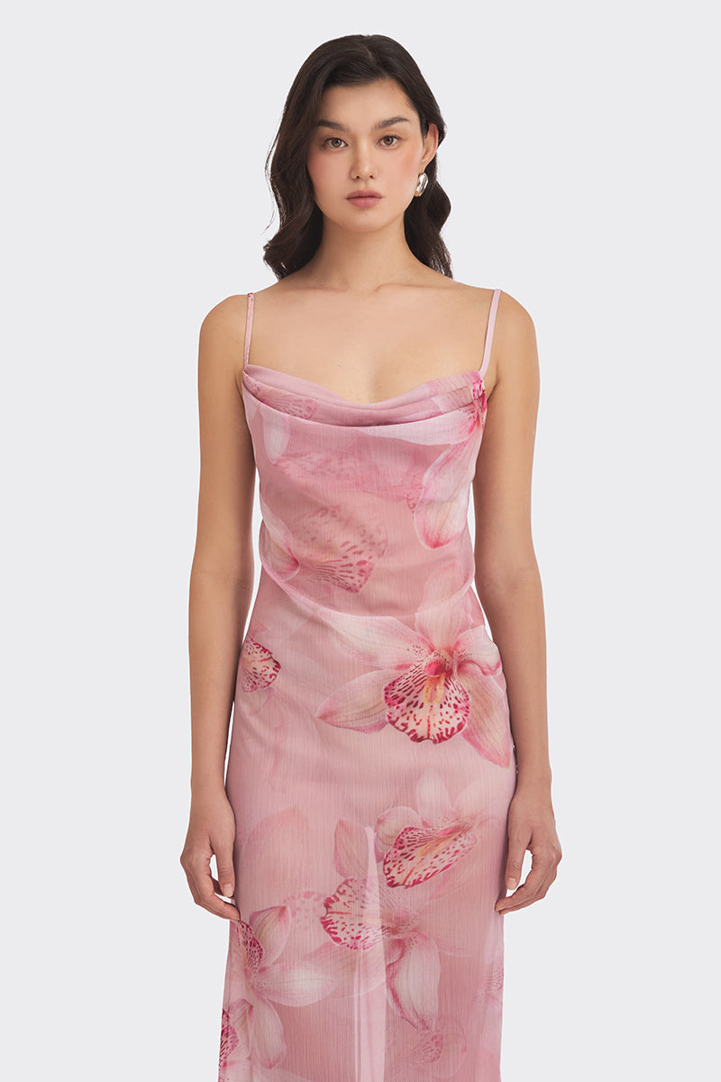 COWL NECK ORCHID PRINT MAXI DRESS - CULT MIA