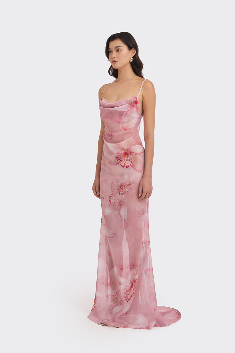 COWL NECK ORCHID PRINT MAXI DRESS - CULT MIA