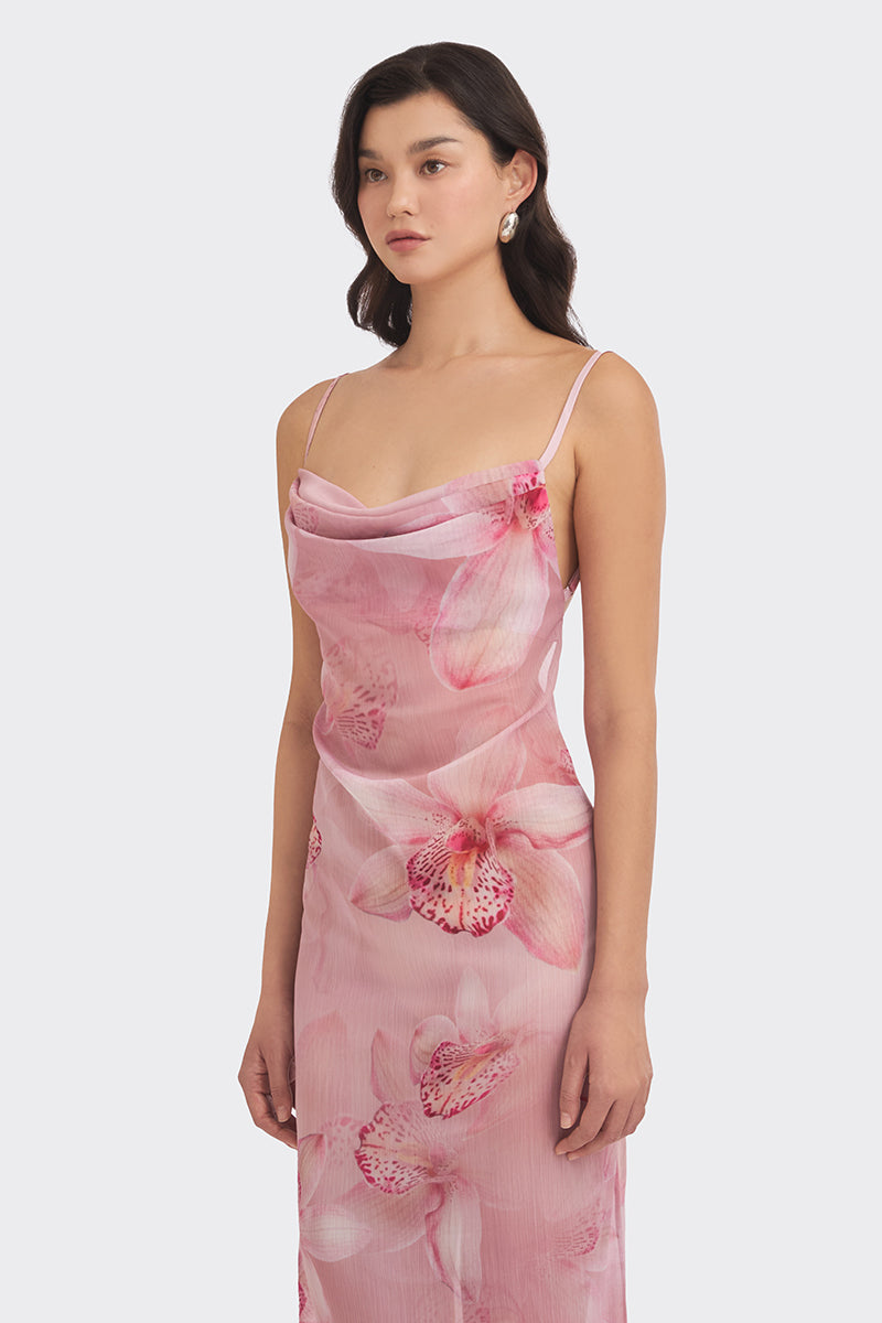 COWL NECK ORCHID PRINT MAXI DRESS - CULT MIA