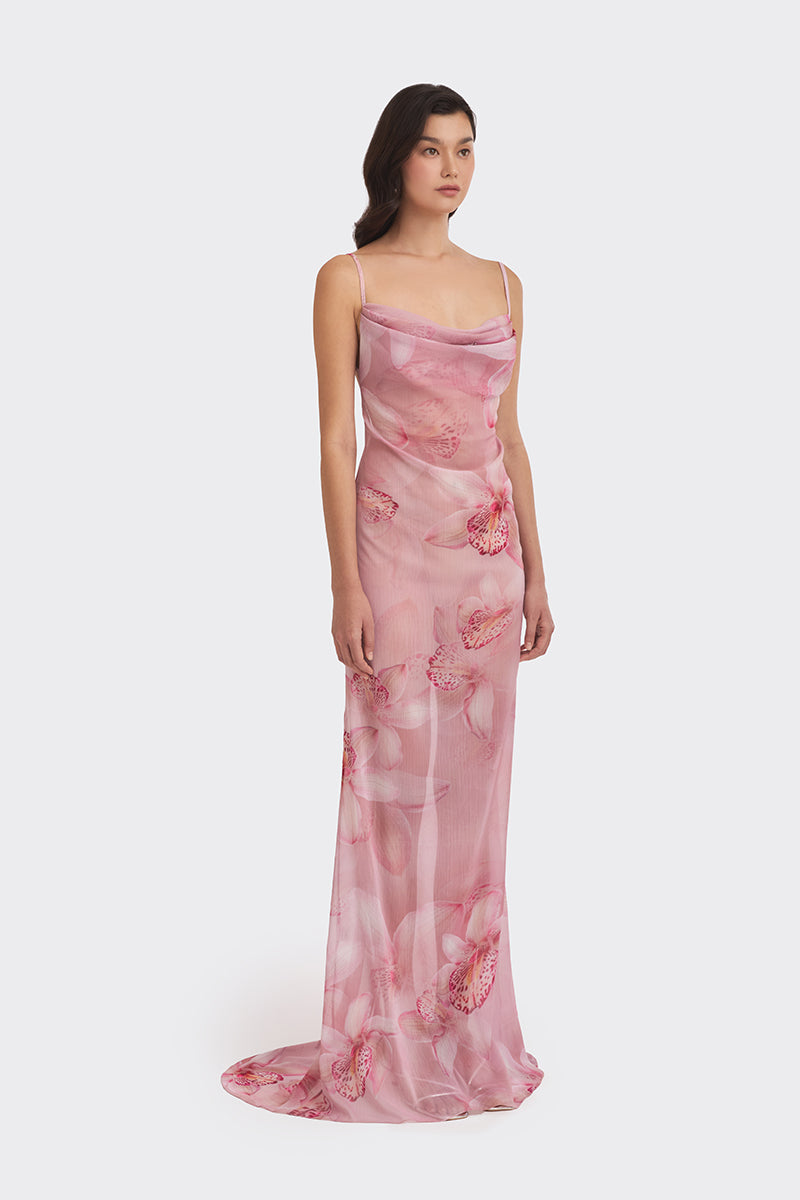 COWL NECK ORCHID PRINT MAXI DRESS - CULT MIA