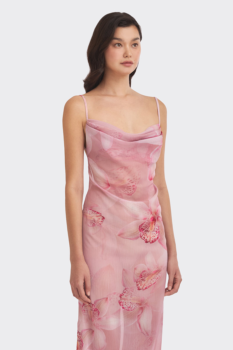 COWL NECK ORCHID PRINT MAXI DRESS - CULT MIA