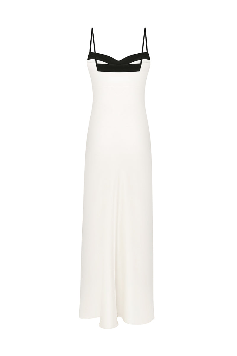 CREAM SILK MIDI DRESS WITH BLACK DETAIL - CULT MIA
