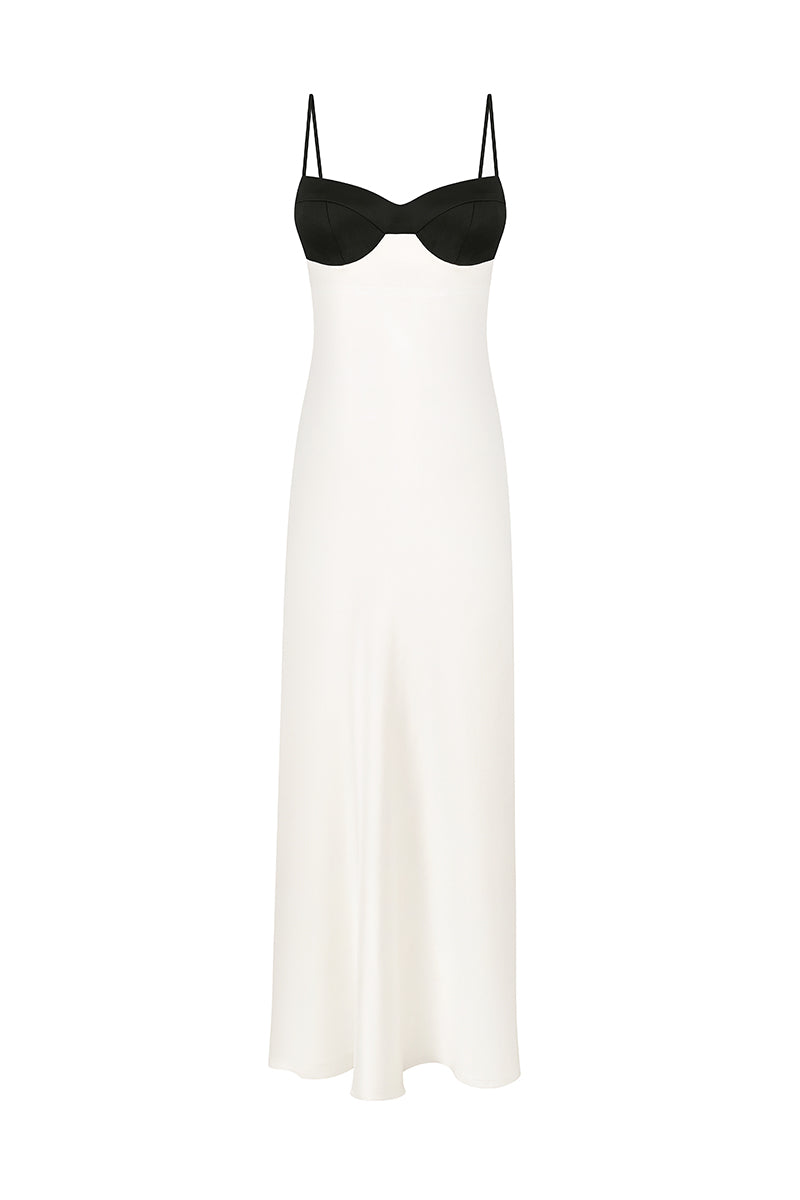 cream silk midi dress Leila V-Neck Low Back Satin Midi Dress Ivory