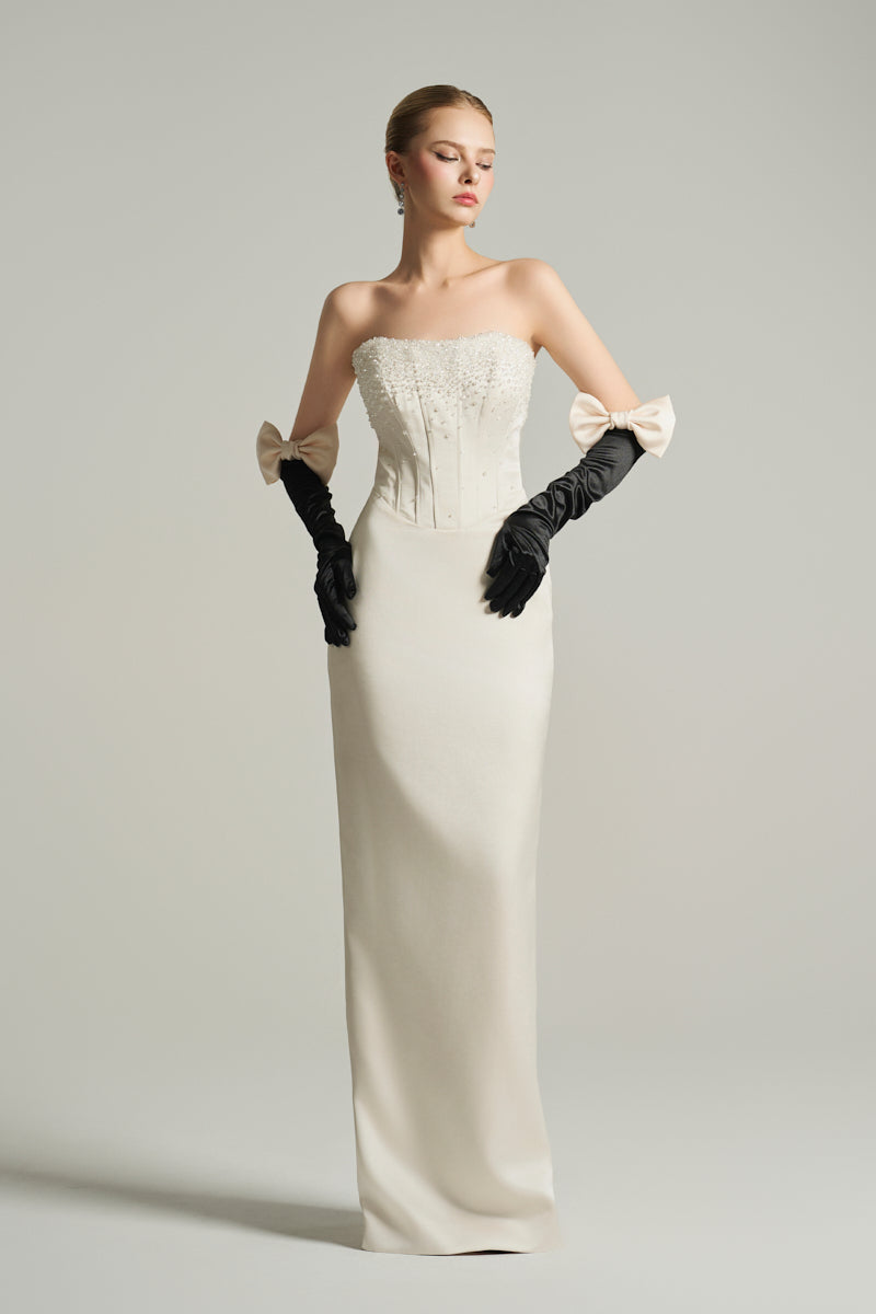 BUSTIER COLUMN GOWN IN IVORY - CULT MIA