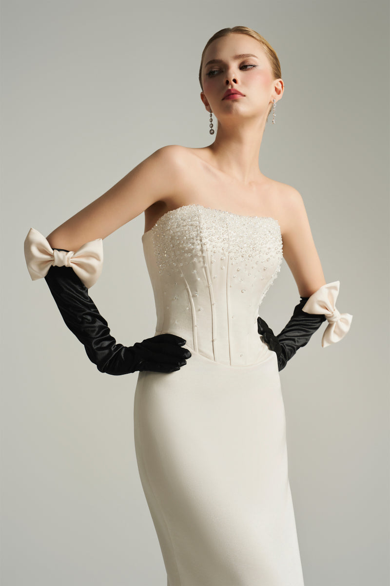 BUSTIER COLUMN GOWN IN IVORY - CULT MIA