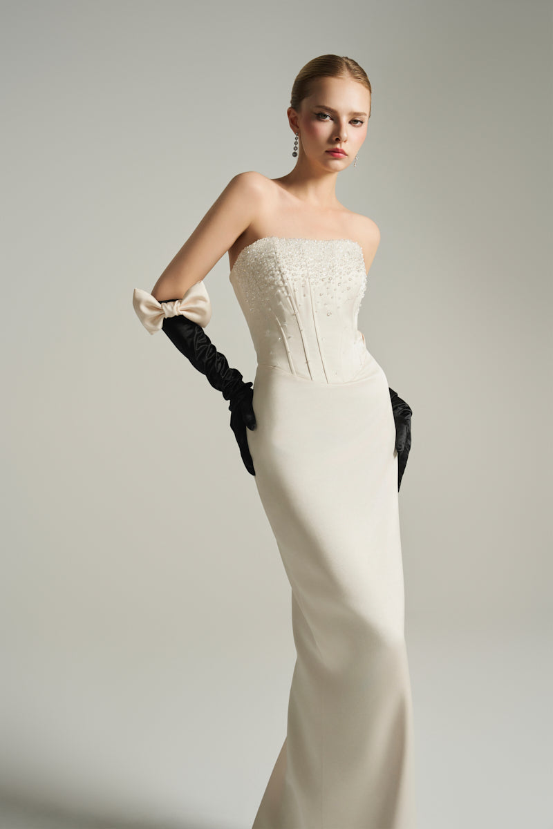 BUSTIER COLUMN GOWN IN IVORY - CULT MIA
