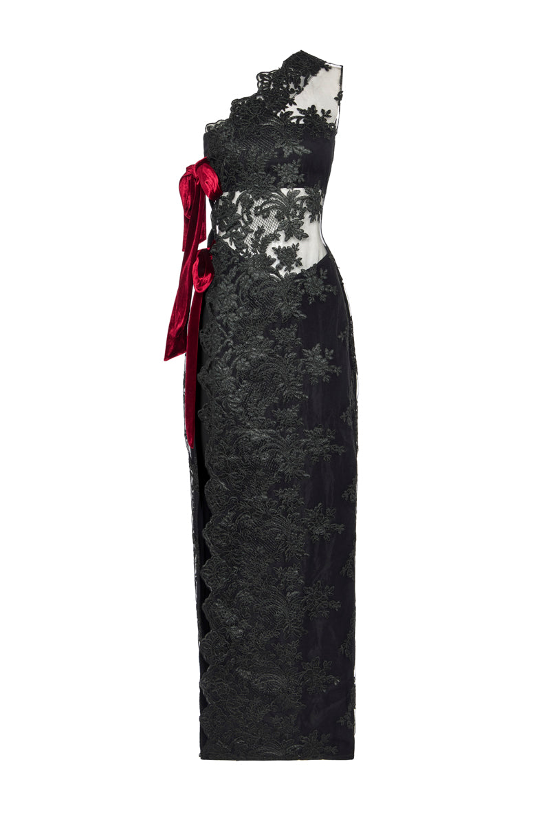 black wool one shoulder bustier dress AXEL 113 Lilith one-shoulder Lace Dress | Black