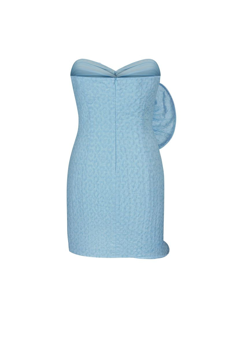 BLUE MINI DRESS WITH PLEATED SHELL DECOR - CULT MIA