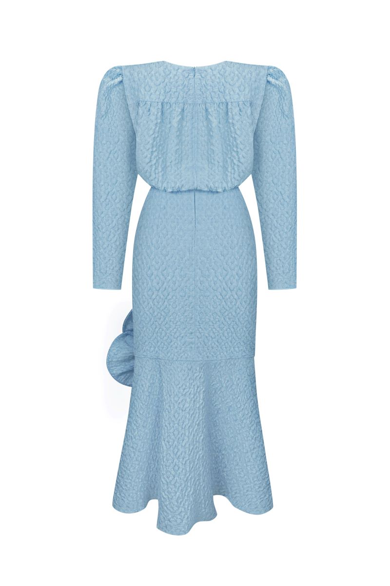 BLUE MIDI DRESS WITH PUFFED SLEEVES AND DECOR - CULT MIA