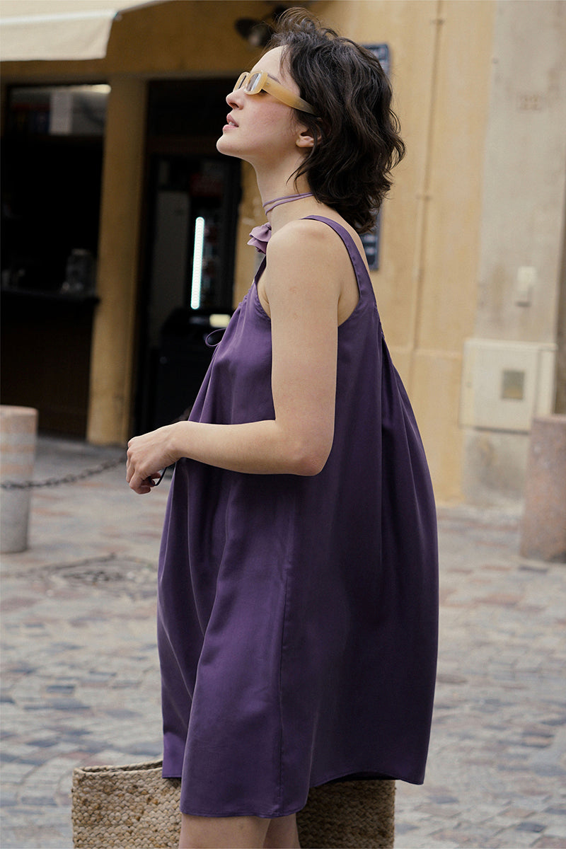 HOLIDAY IN ARLES SILK MINI DRESS IN PURPLE - CULT MIA