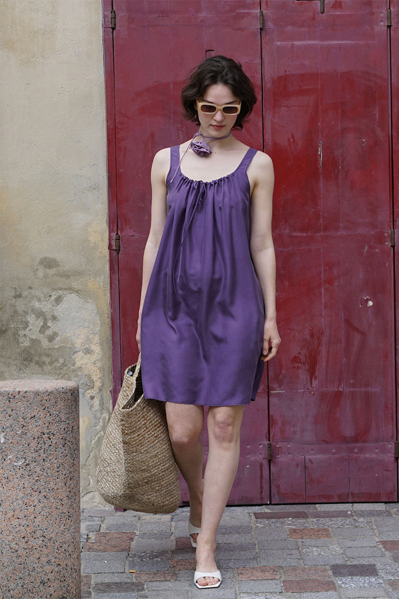 HOLIDAY IN ARLES SILK MINI DRESS IN PURPLE - CULT MIA