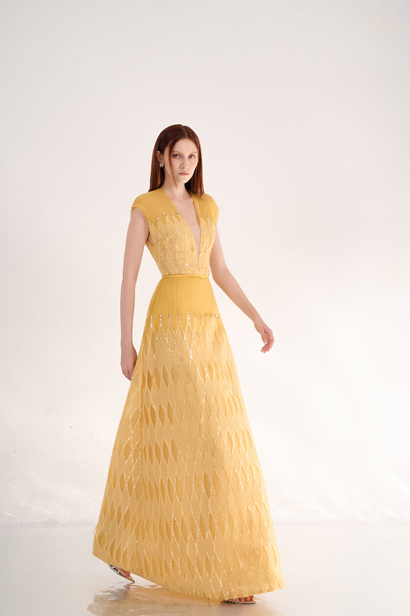 YELLOW V-NECK MAXI DRESS - CULT MIA
