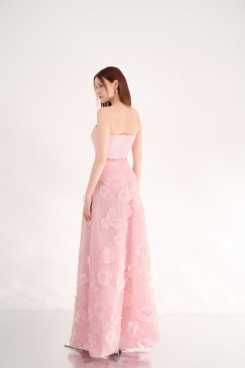 STRAPLESS PINK MAXI DRESS WITH FLORAL DETAILS - CULT MIA
