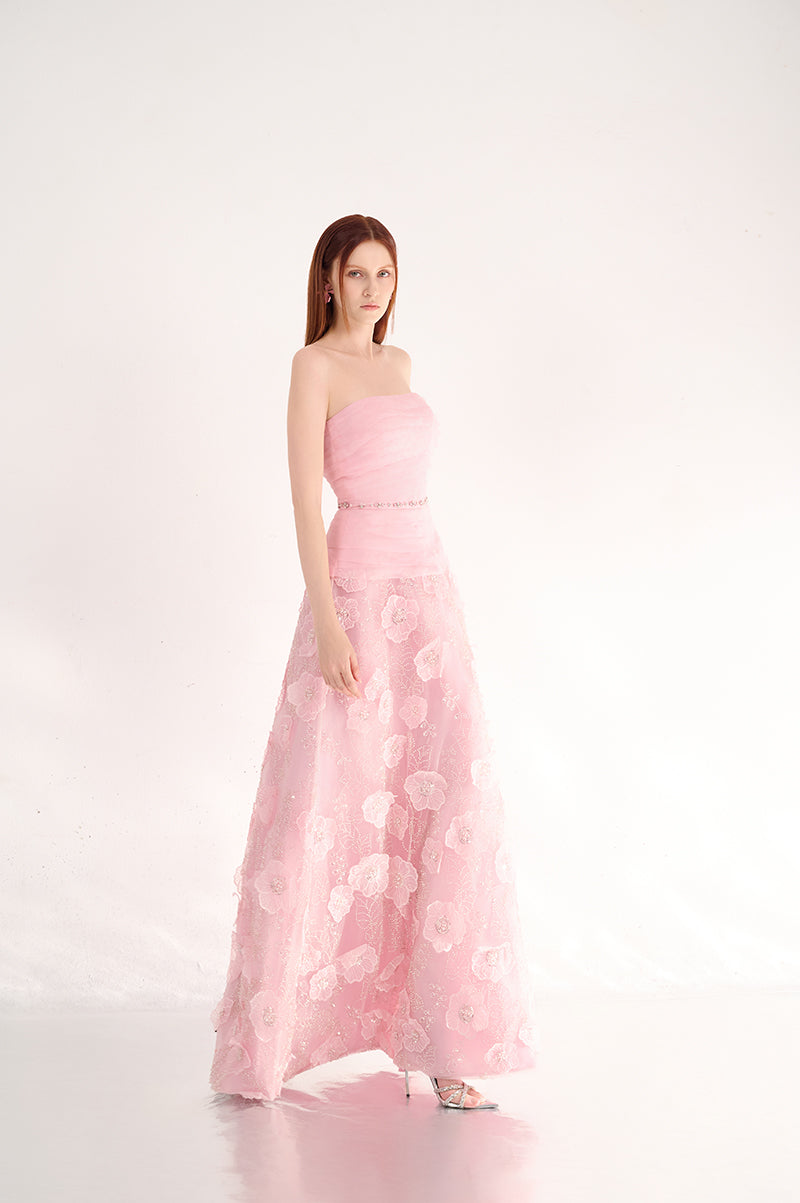 STRAPLESS PINK MAXI DRESS WITH FLORAL DETAILS - CULT MIA
