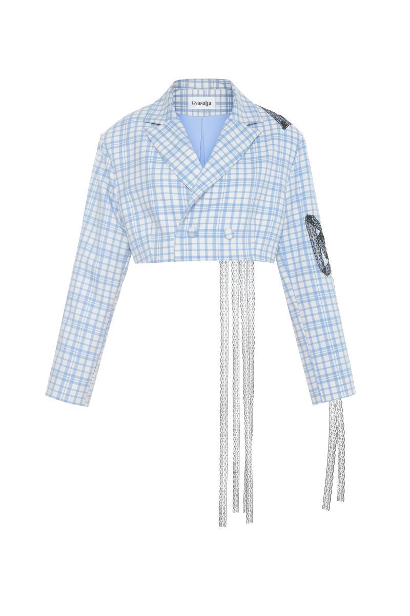 DOUBLE BREAST CROPPED BLAZER WITH BOW TIE IN BLUE AND BLACK - CULT MIA