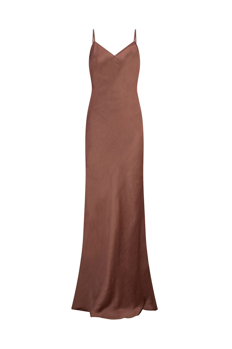 brown slip maxi dress Yvette Slip Maxi Dress With Asymmetrical Hem