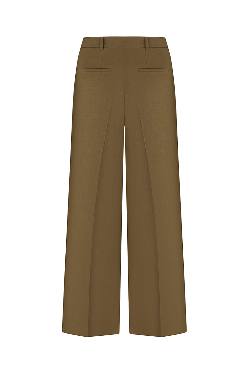 DARK OLIVE WIDE-LEG TROUSERS WITH A BLACK BELT - CULT MIA