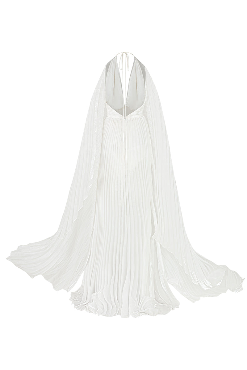 DEEP V-NECK PLEATED MAXI DRESS IN WHITE - CULT MIA