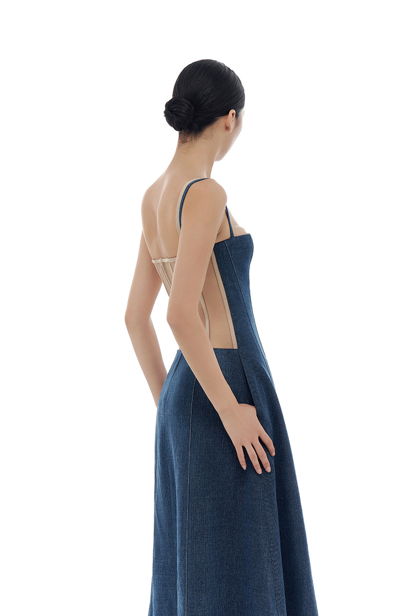 DENIM BLUE CORSET MIDI DRESS - CULT MIA