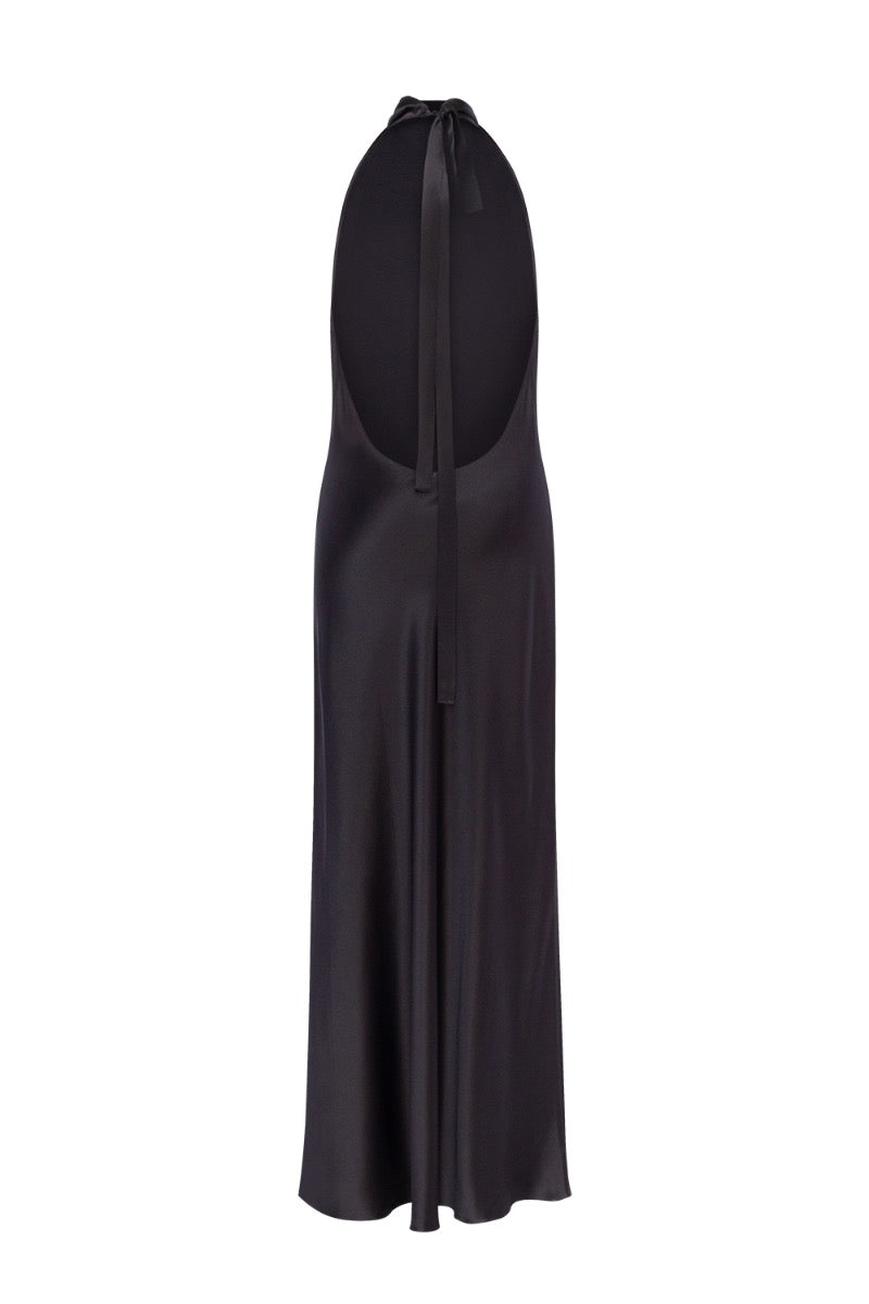 DENIZ BLACK HALTER-NECK SILK-SATIN MIDAXI DRESS - CULT MIA