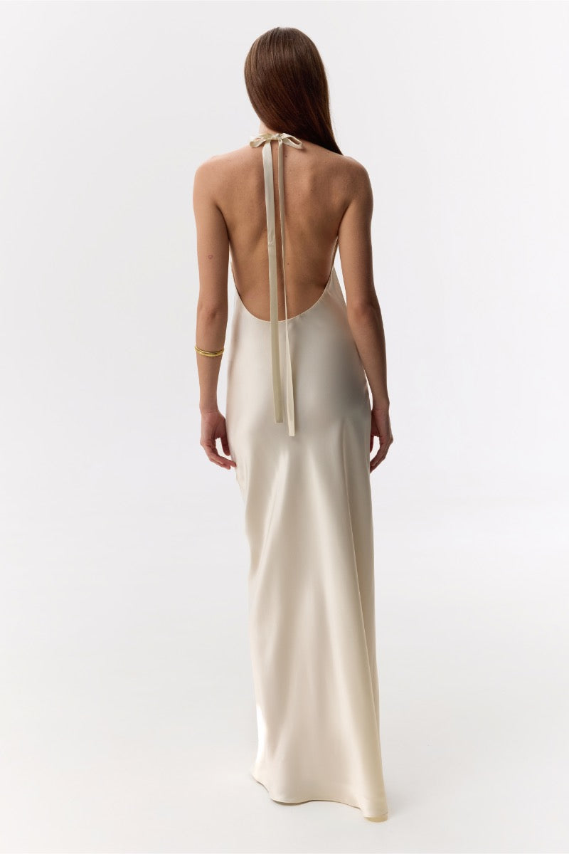 DENIZ BUTTER-CREAM HALTER-NECK SILK-SATIN MIDAXI DRESS - CULT MIA