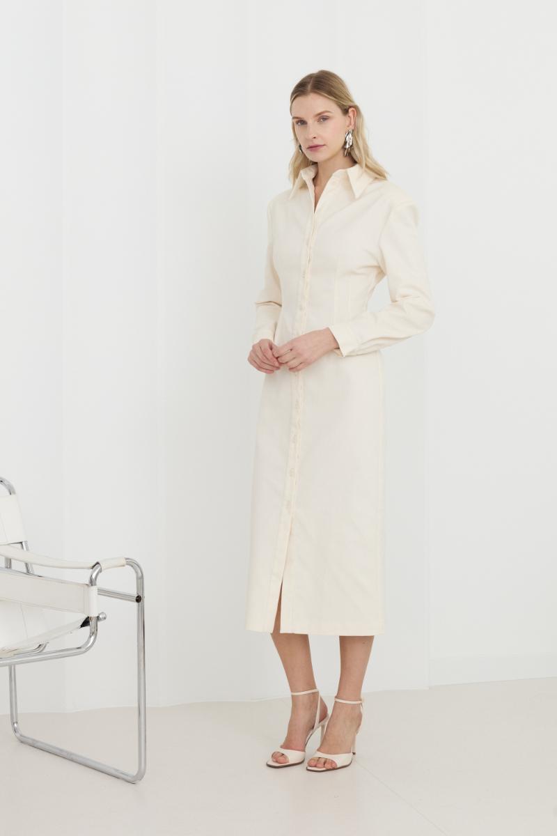 EDITH WHITE DENIM FITTED MIDI SHIRT DRESS - CULT MIA