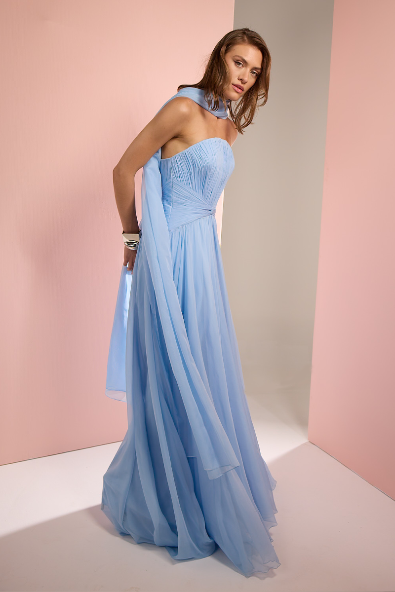 STRAPLESS GOWN WITH SCARF IN BABY BLUE - CULT MIA