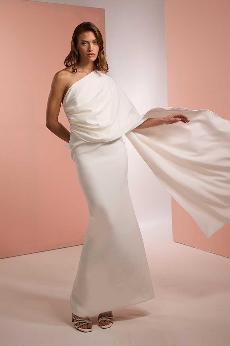 CREPE DRESS WITH SCARF IN WHITE - CULT MIA