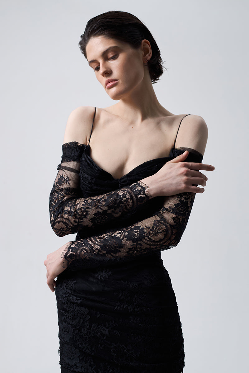 LACE DRAPED DRESS MINI IN BLACK - CULT MIA