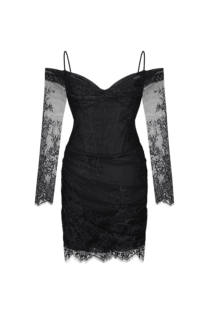 LACE DRAPED DRESS MINI IN BLACK - CULT MIA